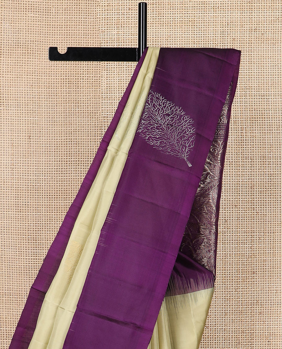 Sandal zari buttas soft silk saree, contrast leaf motif border & pallu of leaf designs