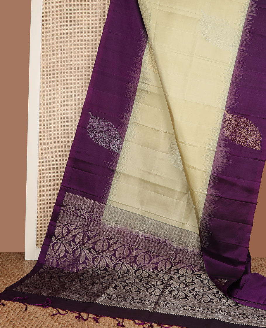 Sandal zari buttas soft silk saree, contrast leaf motif border & pallu of leaf designs