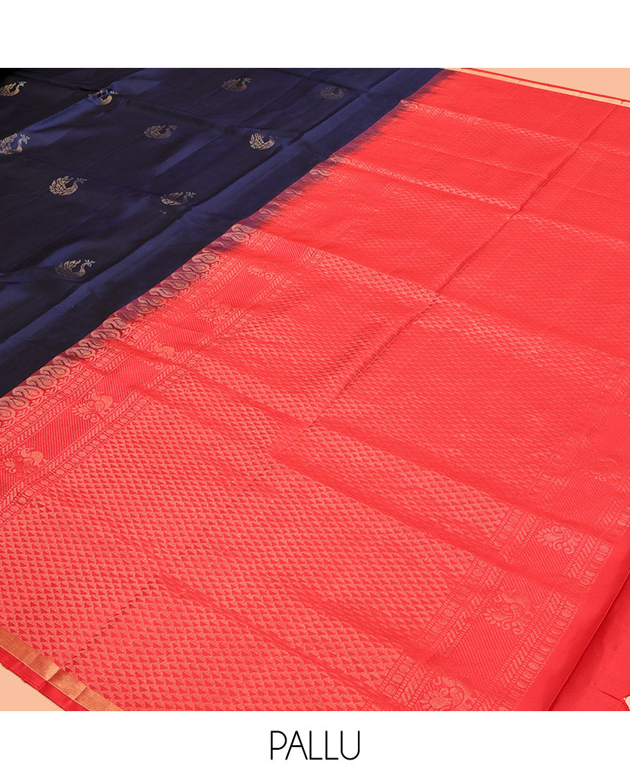 Blue Mayuri Lite Silk Mix Saree, Accentuated with Mayil Buttas, a Subtle Piping Zari Border, Contrast Ara Maadam Pallu and a Contrast Blouse