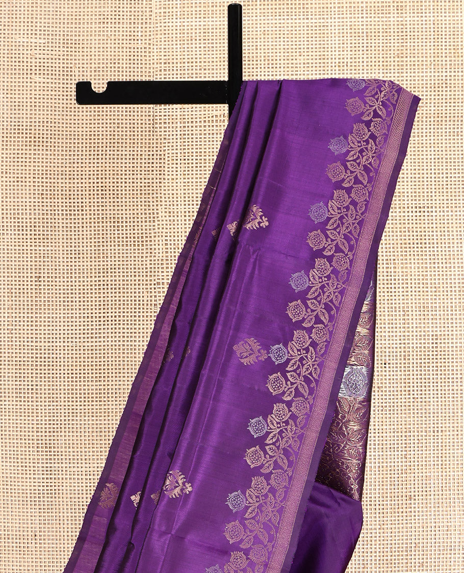 Violet Mayuri Soft Silk Saree, Accentuated with Zari Buttas, Self-Border of Floral Creeper Design, Intricately Designed Pallu, and Matching Blouse