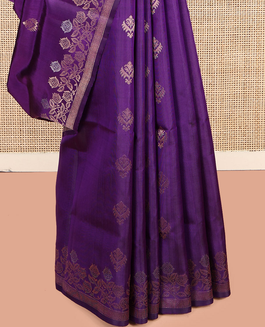 Violet Mayuri Soft Silk Saree, Accentuated with Zari Buttas, Self-Border of Floral Creeper Design, Intricately Designed Pallu, and Matching Blouse