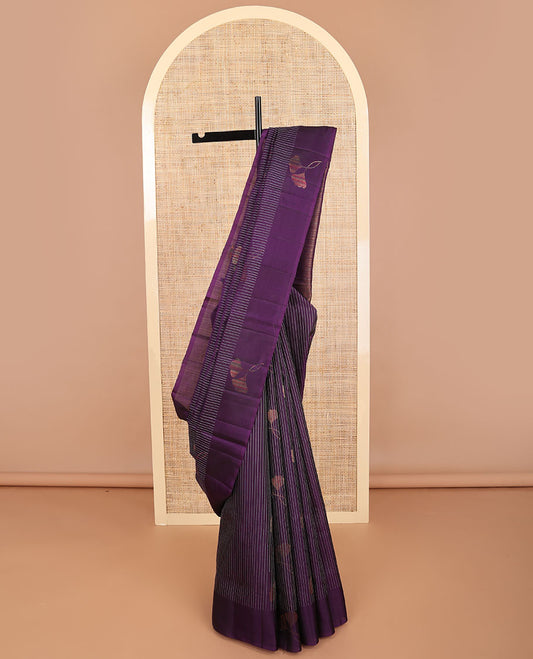 Violet striped, motifs mayuri soft silk saree with self floral design border & striped pallu