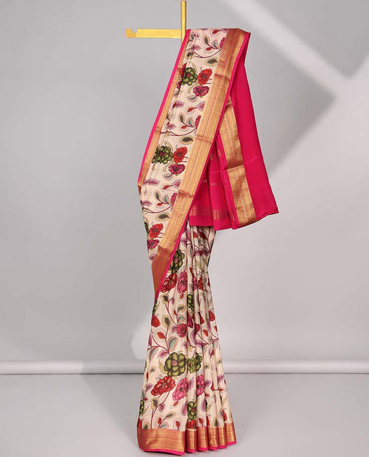 Cream floral vine design mysore silk saree with contrast traditional border & striped zari pallu