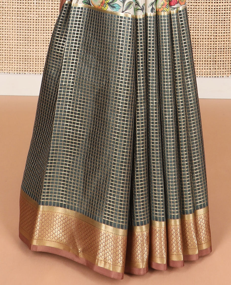 Multi color floral vine , checked mysore silk saree with contras checked border & floral motifs pallu