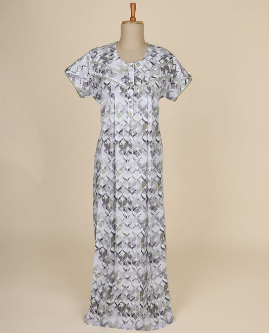 White geometric design printed & square neck with lace, cotton half sleeve nighty