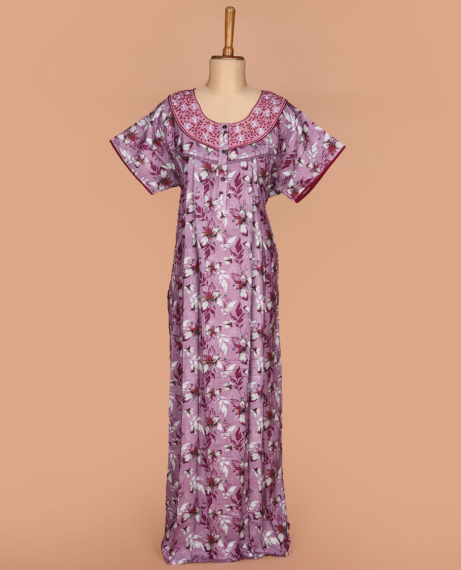 Purple floral printed with embroidered round neck half-sleeve cotton nighty