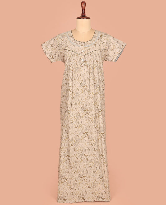 Light Fawn Color Cotton Nighty Embellished with Floral Vine Design Print, Featuring Lace Work, Round Front Neck, and Half-Sleeves