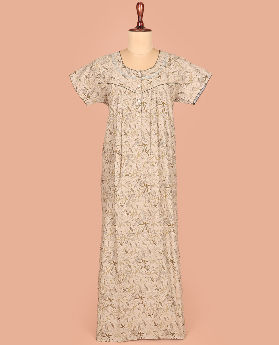 Light Fawn Color Cotton Nighty Embellished with Floral Vine Design Print, Featuring Lace Work, Round Front Neck, and Half-Sleeves