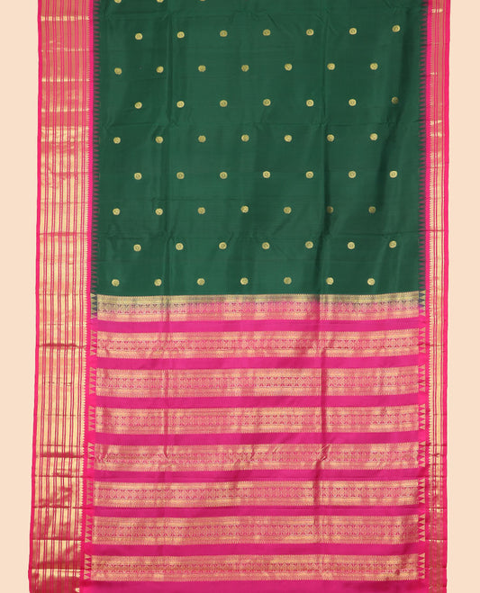 Dark green floral buttas nine yards silk saree with contrast traditional zari design border & intricate zari design pallu
