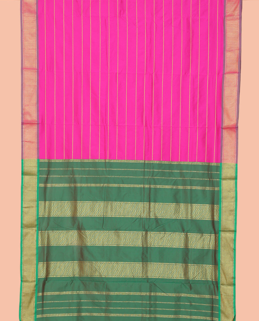 Rani Pink Art-Silk Nine Yard Saree, Woven with Veldhari Stripes, a Contrast Ara Maadam Border, Pallu of Ara Maadam Designs, and No Blouse