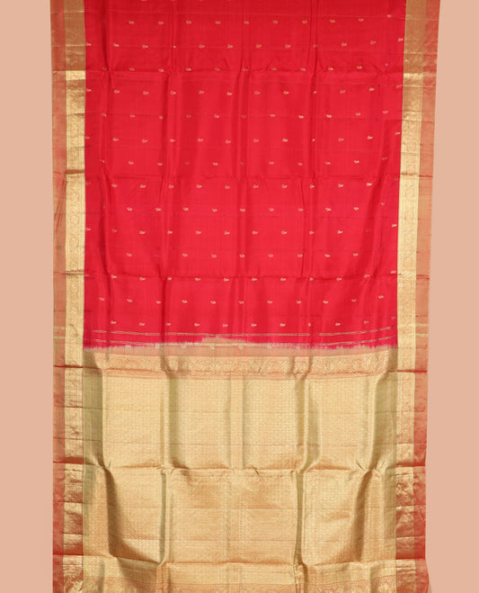 Red zari buttas nine-yard silk saree, contrast kaal erangina border of thilakam, kathir, Muthu, round yaanai, and round mayil designs, and jaal pallu