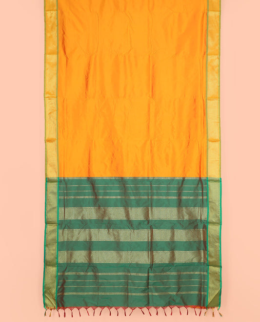 Yellow Plain Ten Yard Art Silk Saree, Complemented by a Contrast Ara Maadam Border, and Pallu Featuring Zari Stripes
