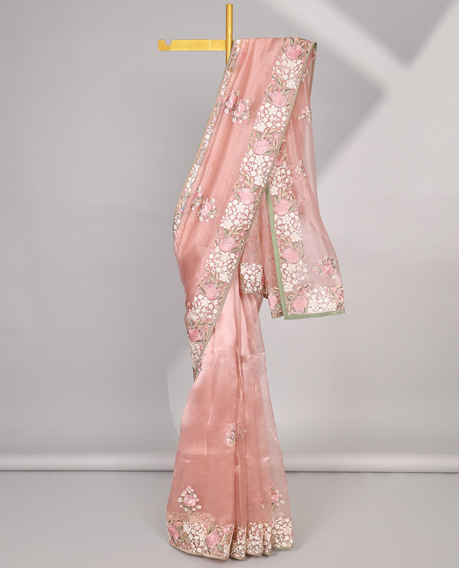 Orange floral motifs embroidered semi-banaras organza saree & floral embroidered border