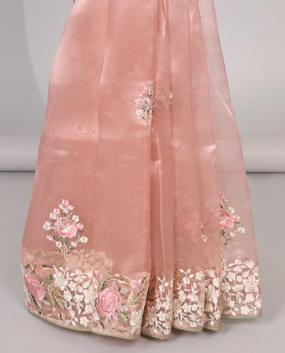 Orange floral motifs embroidered semi-banaras organza saree & floral embroidered border