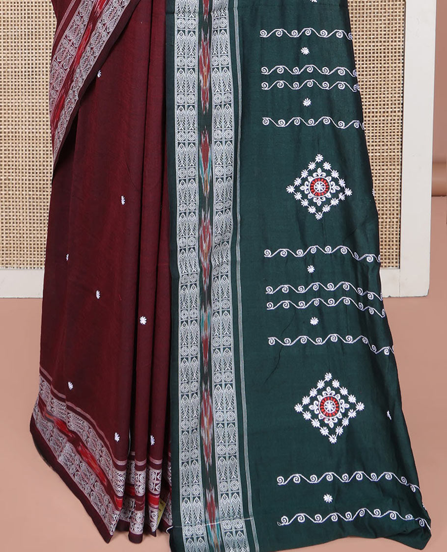 Maroon Odisha Cotton Saree, Accentuated with Buttas All Over the Body, Subtle Self-Border Steeped with Fish Motifs, Captivating Contrast Pallu of Unique Designs, and Paired with a Contrast Blouse
