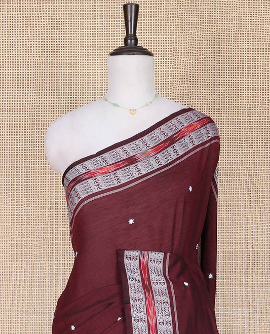 Maroon Odisha Cotton Saree, Accentuated with Buttas All Over the Body, Subtle Self-Border Steeped with Fish Motifs, Captivating Contrast Pallu of Unique Designs, and Paired with a Contrast Blouse