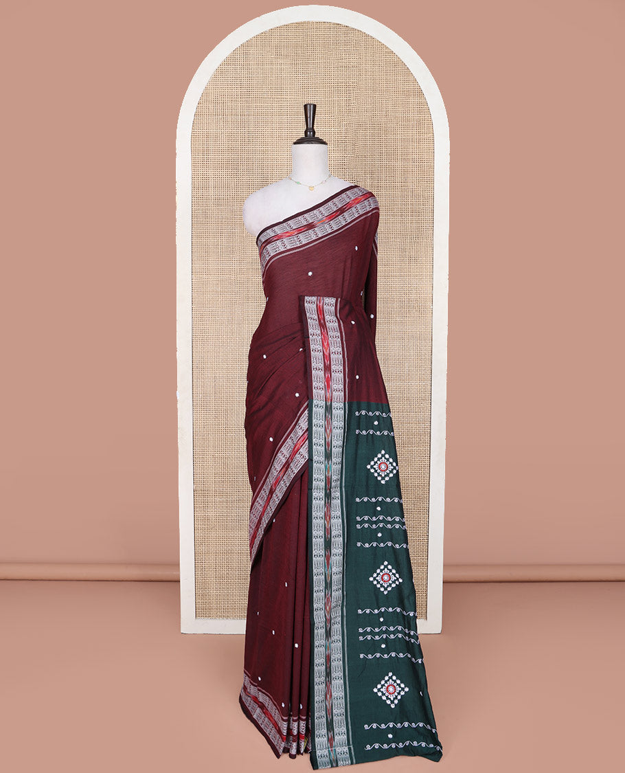 Maroon Odisha Cotton Saree, Accentuated with Buttas All Over the Body, Subtle Self-Border Steeped with Fish Motifs, Captivating Contrast Pallu of Unique Designs, and Paired with a Contrast Blouse