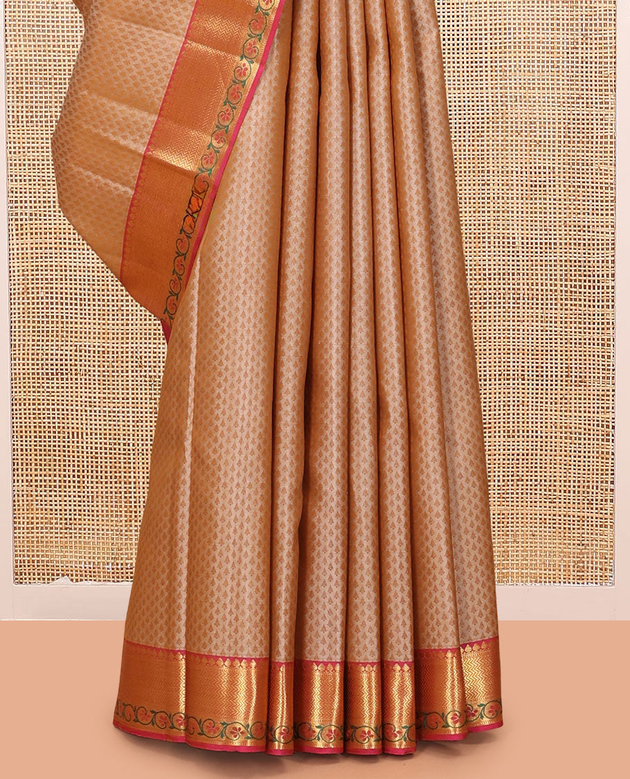 Sandal Embossed Parampara Silk Saree, a Contrast Border of Thilakam Mokku, Vanki, and Kodi Visiry Designs, Grand Pallu, and a Contrast Blouse