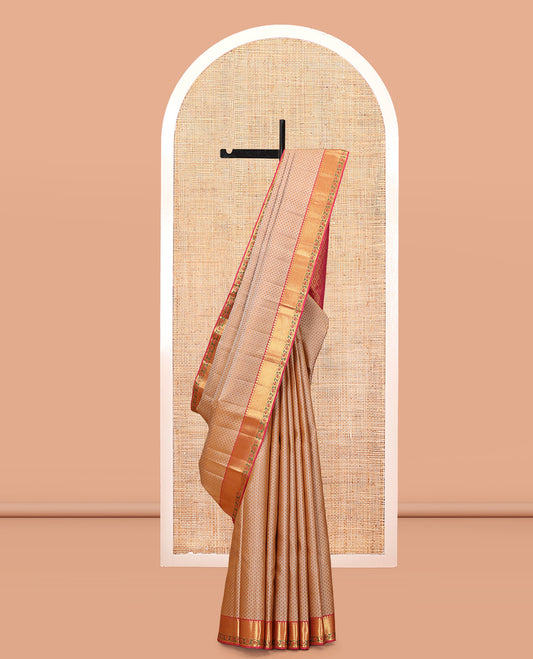 Sandal Embossed Parampara Silk Saree, a Contrast Border of Thilakam Mokku, Vanki, and Kodi Visiry Designs, Grand Pallu, and a Contrast Blouse