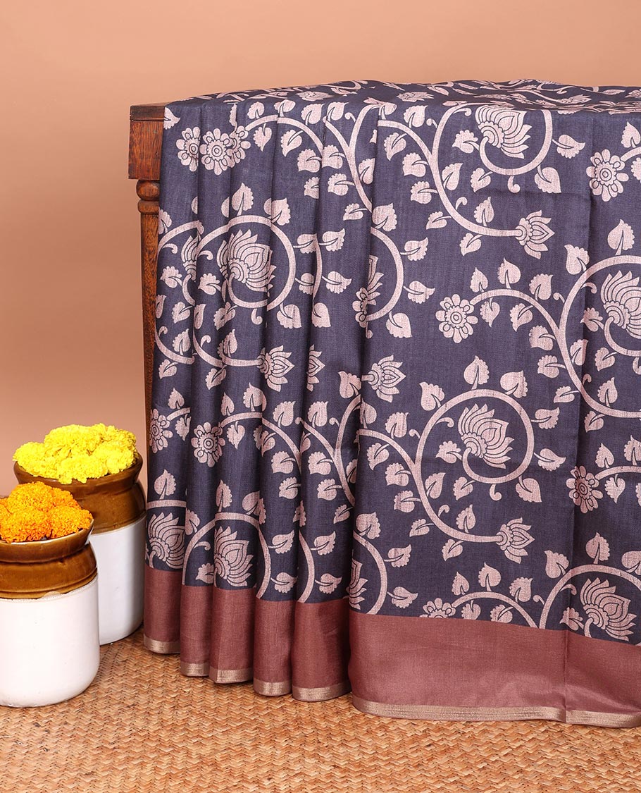 Grey kalamkari printed semi tussar saree with gold zari piping border & printed pallu with tussels along with plain blouse