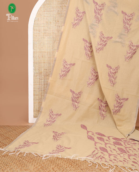 Borderless Cream with purple thread weaving design munga jute cotton saree with thread weaving pallu & plain blouse