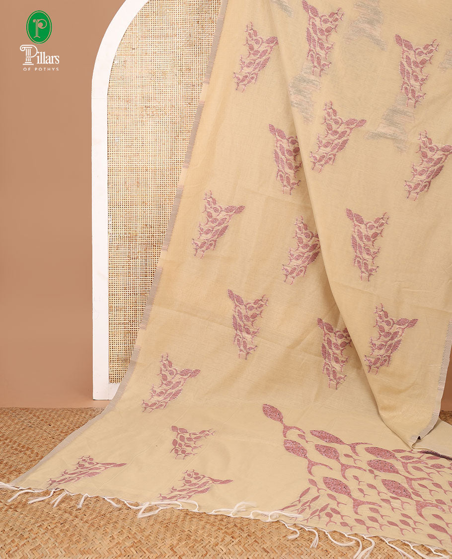 Borderless Cream with purple thread weaving design munga jute cotton saree with thread weaving pallu & plain blouse