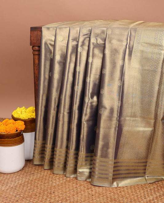 Purple floral buttas soft silk saree with contrast striped border & intricate zari design pallu