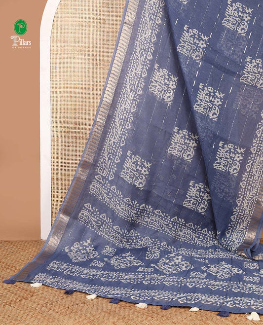 Blue pathik print, sequins work soft cotton saree with zari border & pathik printed pallu along with pathik printed blouse