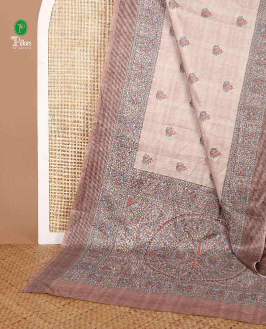 Chikku color madhubani printed semi tussar saree with double butta, madhubani printed border & madhubani printed pallu along with plain blouse