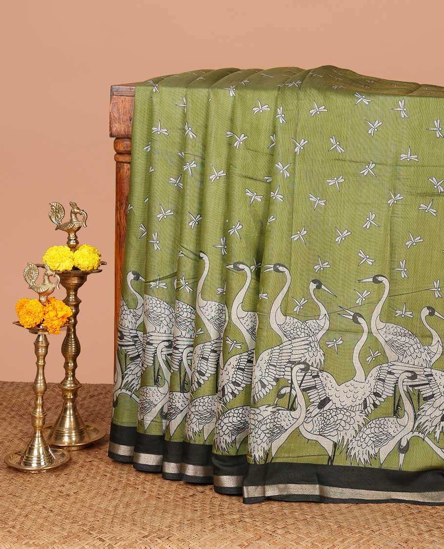 Green drangon fly, creane digital print muslin cotton saree with zari border & printed pallu along with dragon fly printed blouse