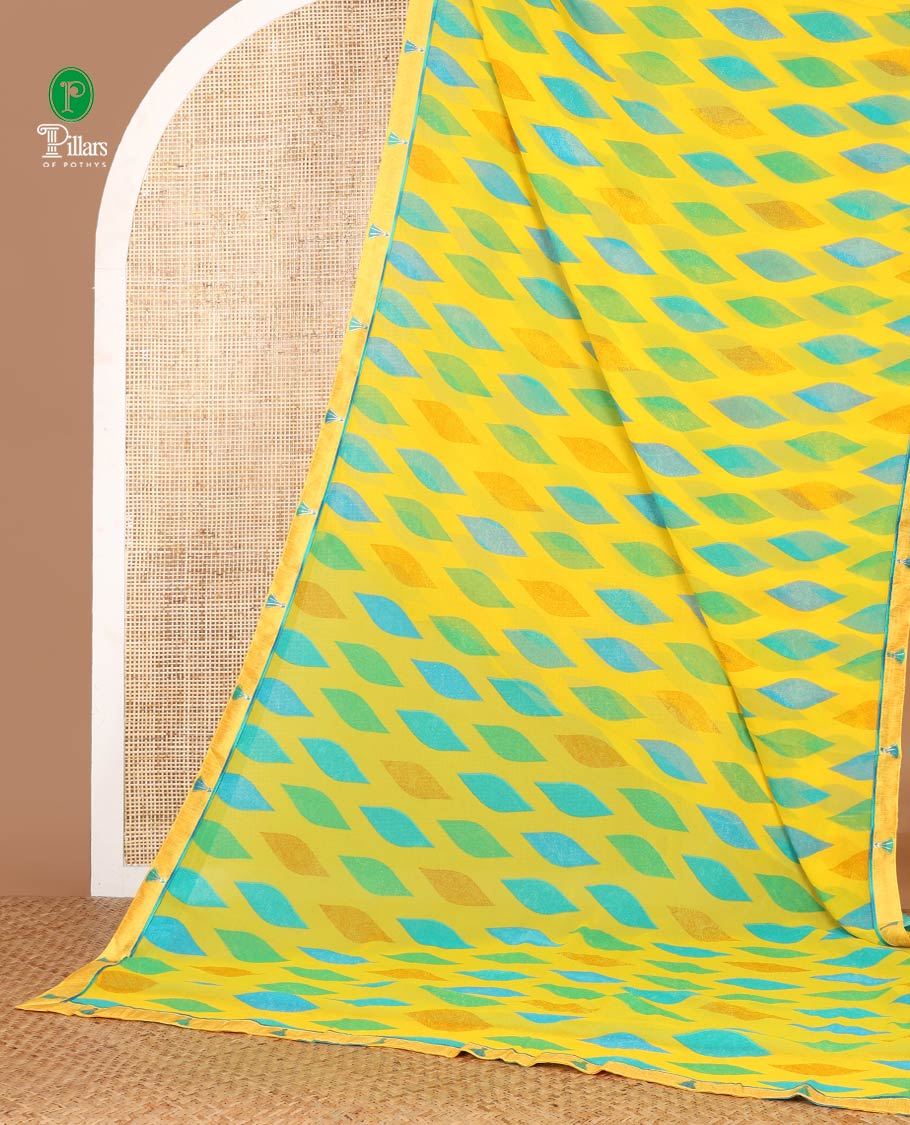 Yellow digital printed sitara shimmer saree with lace border & self pallu along with plain blouse