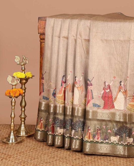Beige khicha tussar saree with bentex, pichwai design border & pichwai printed pallu along with plain blouse