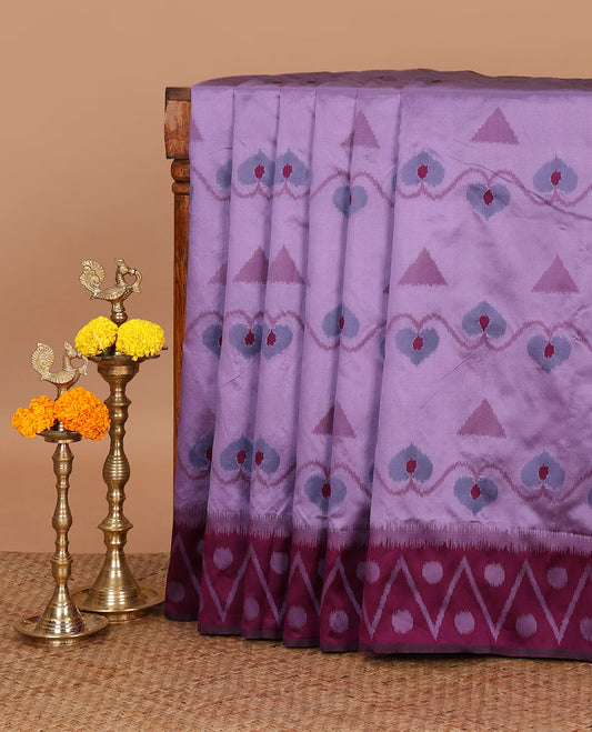 Violet unique motifs thread weave pochampally ikat mulberry silk saree, contrast chevron & polka dot border and zari-rich intricate pallu