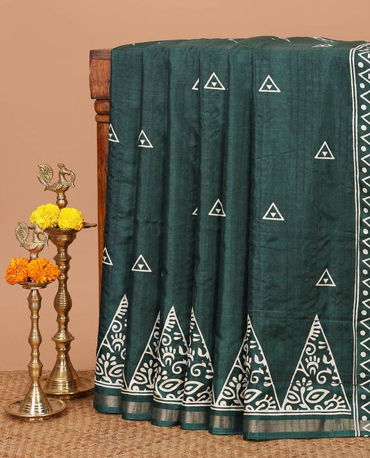 Green batik-style triangle motifs printed dola silk saree, batik temple motif printed piping zari border & batik geometric printed pallu