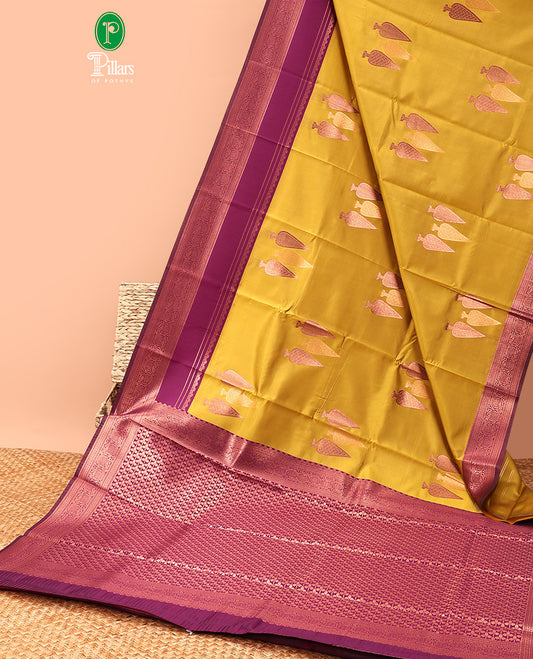 Mustard copper zari butta litchi soft silk saree with contrast double pad border & zari butta blouse