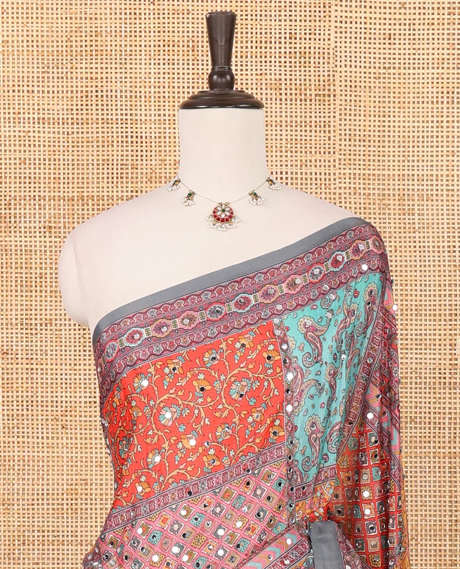 Grey half-&-half colorful geometric printed & mirror embroidered masakali saree, printed border & pallu, plain blouse
