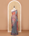 Grey half-&-half colorful geometric printed & mirror work masakali saree, printed border & pallu, plain blouse