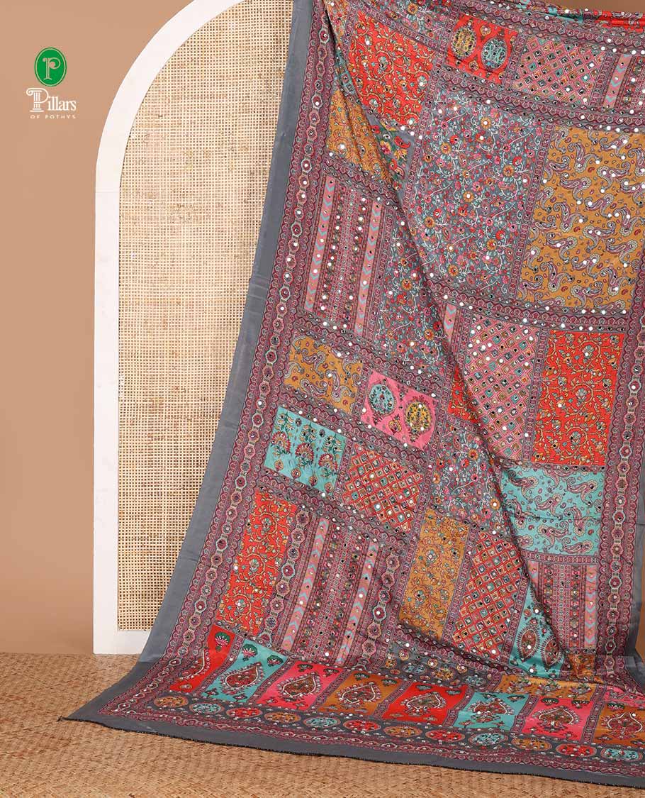 Grey half-&-half colorful geometric printed & mirror embroidered masakali saree, printed border & pallu, plain blouse