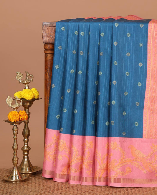 Blue small flower butta printed katan silk saree, contrast flower & parrot motif printed border, printed pallu & blouse