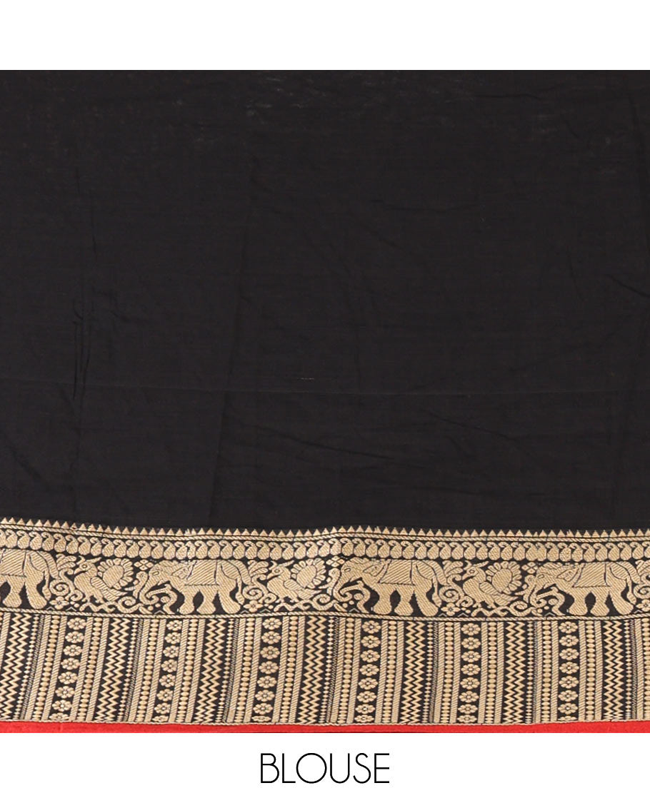 Black plain design masraise cotton saree, contrast border of temple & elephant designs & striped pallu