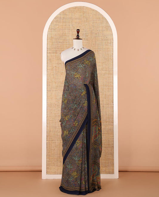Navy blue kaleidoscopic-colored checks mill-printed kimaya saree, contrast plain border & paisley & geometric printed pallu