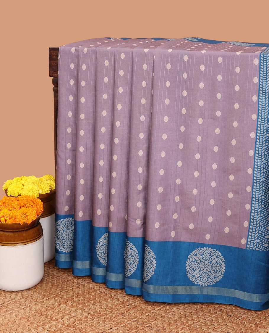 Mauve all-over small buttas katan silk saree with contrast double side bentex border &  weaving heavy rich pallu along with contrast printed blouse