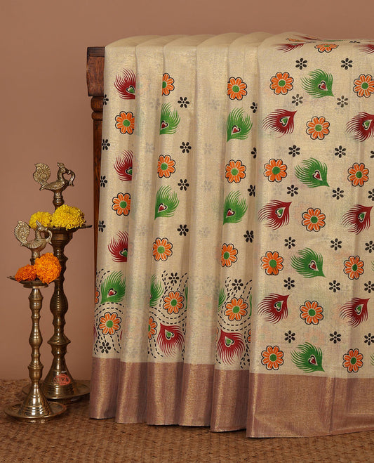 Cream Kerala cotton saree with multi-color floral & peacock feather screen print, copper zari bavanji border & satin lining pallu