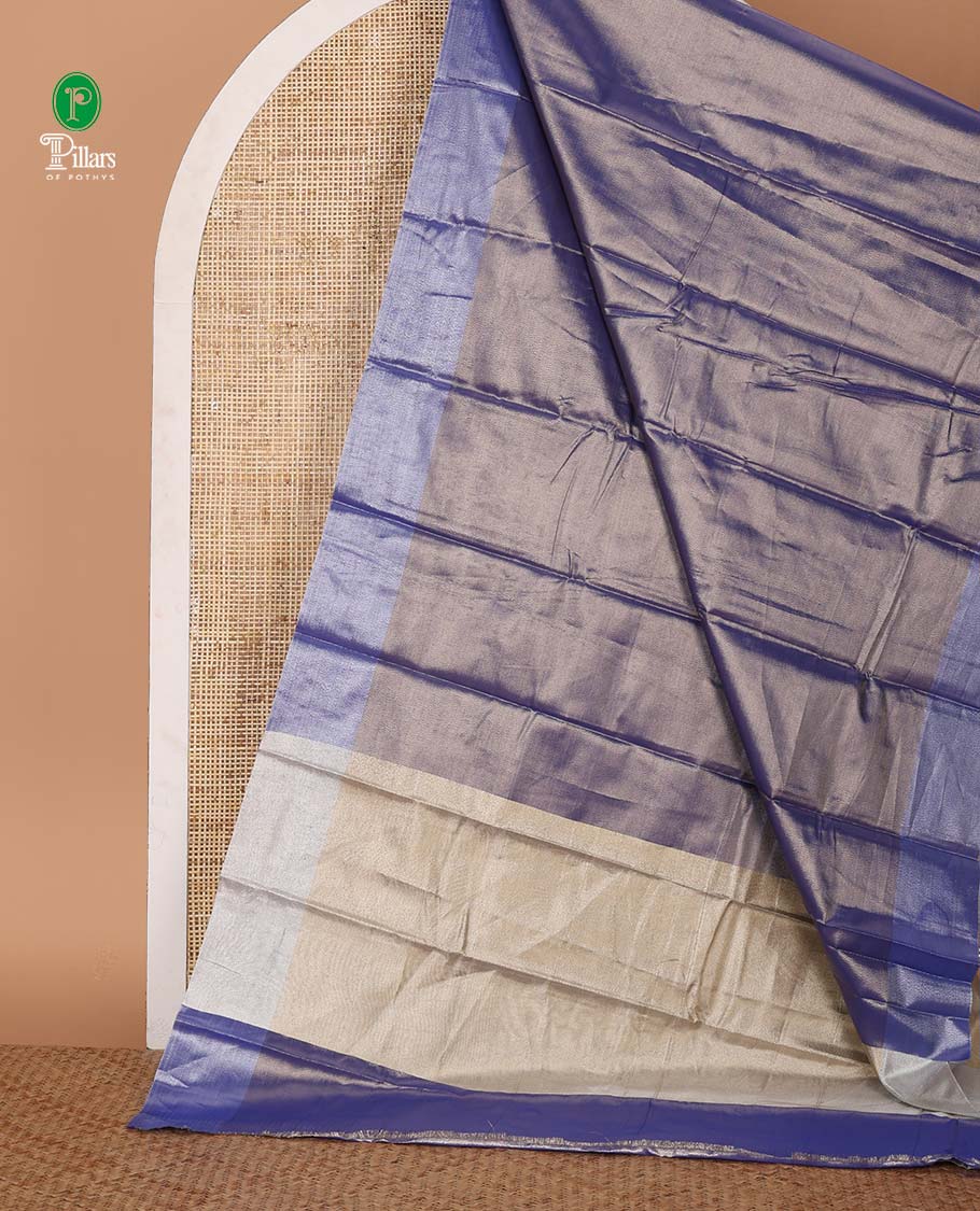 Royal blue plain tissue silk saree, silver zari bavanji border & contrast, gleaming golden color plain blouse