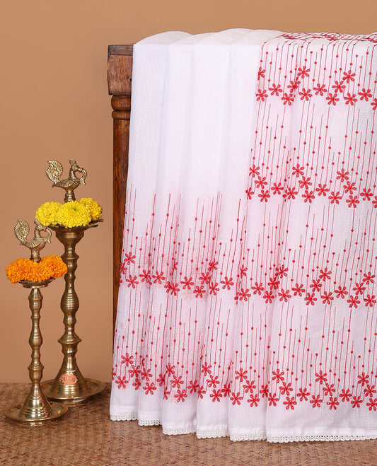 White Kota checks saree with red color floral motifs thread embroidery, lace border & plain & lace border white blouse