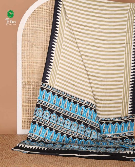 Pista green vertical stripes printed modal silk saree, contrast black temple printed border, ajrakh printed pallu & plain blouse
