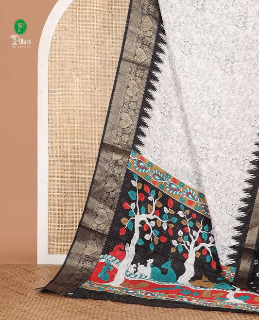 White pichwai cow & lotus printed dola silk saree,contrast black temple traditional zari border, kalamkari printed pallu & printed blouse