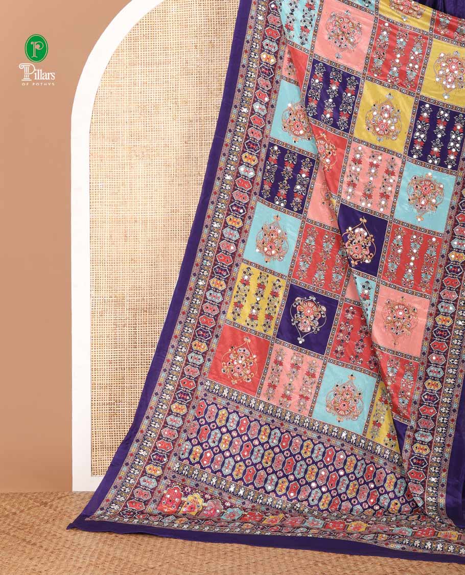 Dark violet half-&-half style geometric print & mirror embroidery masakali saree,self-border & pallu of print & mirror work,plain blouse