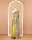 Green kaleidoscopic-colored checks & mirror embroidery masakali saree,self-border & pallu of print & mirrorwork, plain blouse