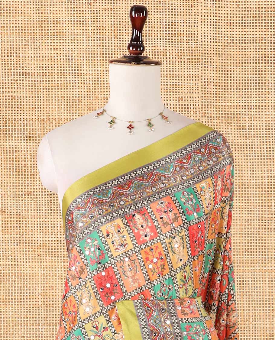 Green kaleidoscopic-colored checks & mirror embroidery masakali saree,self-border & pallu of print & mirrorwork, plain blouse